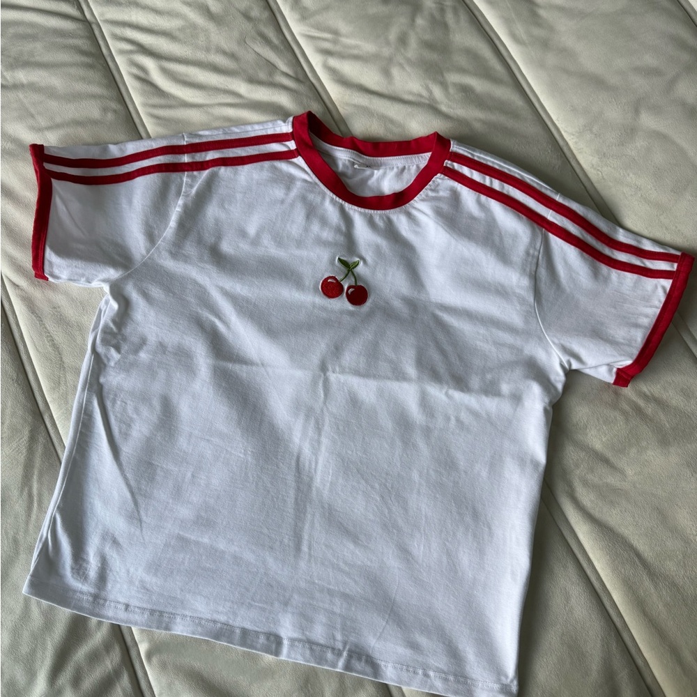 Vibe White and Red Tee with Cherry Embroidery
